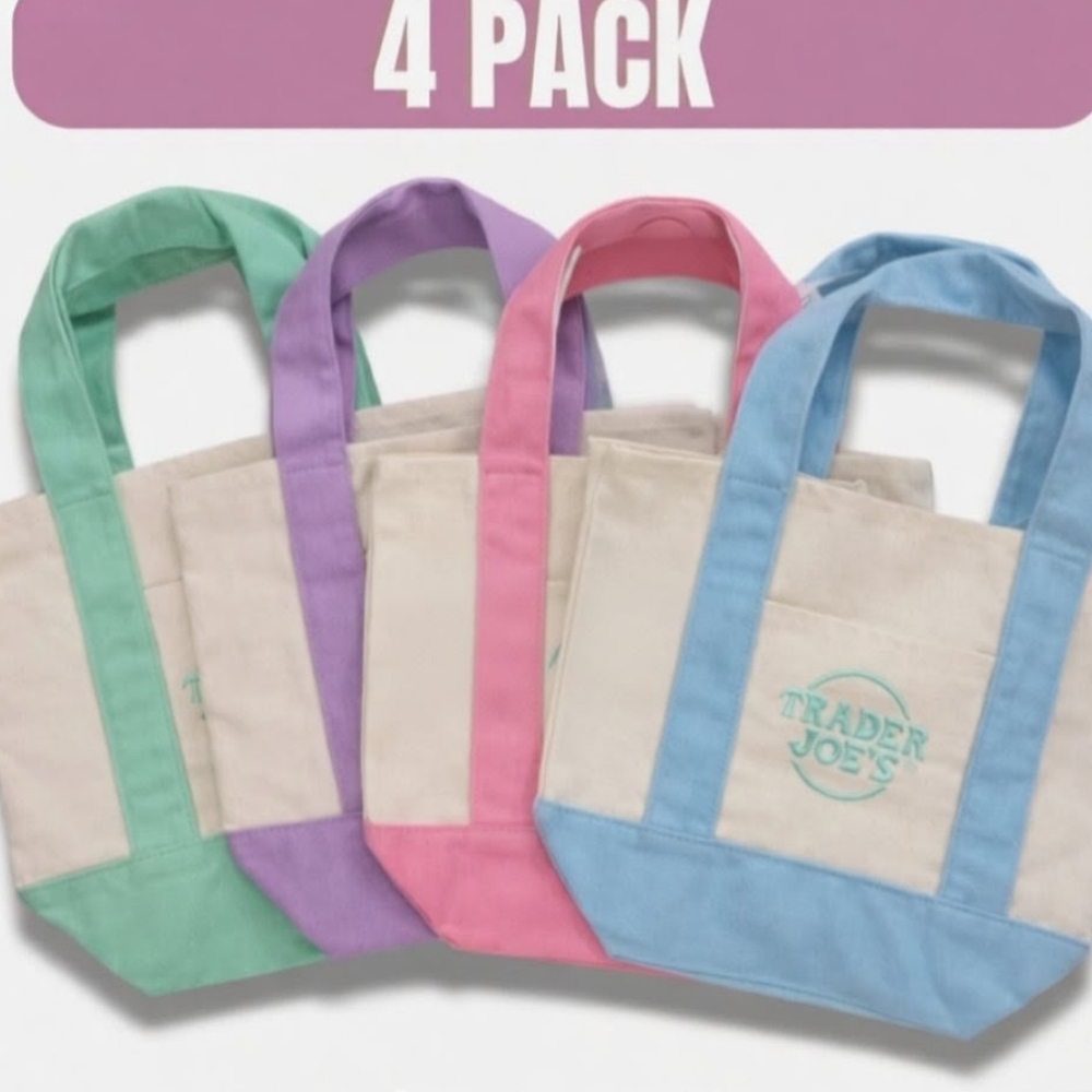 Trader Joe's Canvas Mini Tote 4-Pack - Pastel Green, Lavendar, Pink, Blue